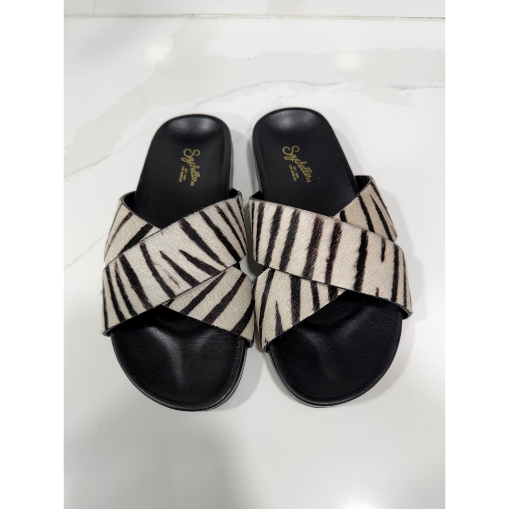 Seychelles Zebra Print Calf Hair Crisscross Slide Sandals Womens 7 Black White